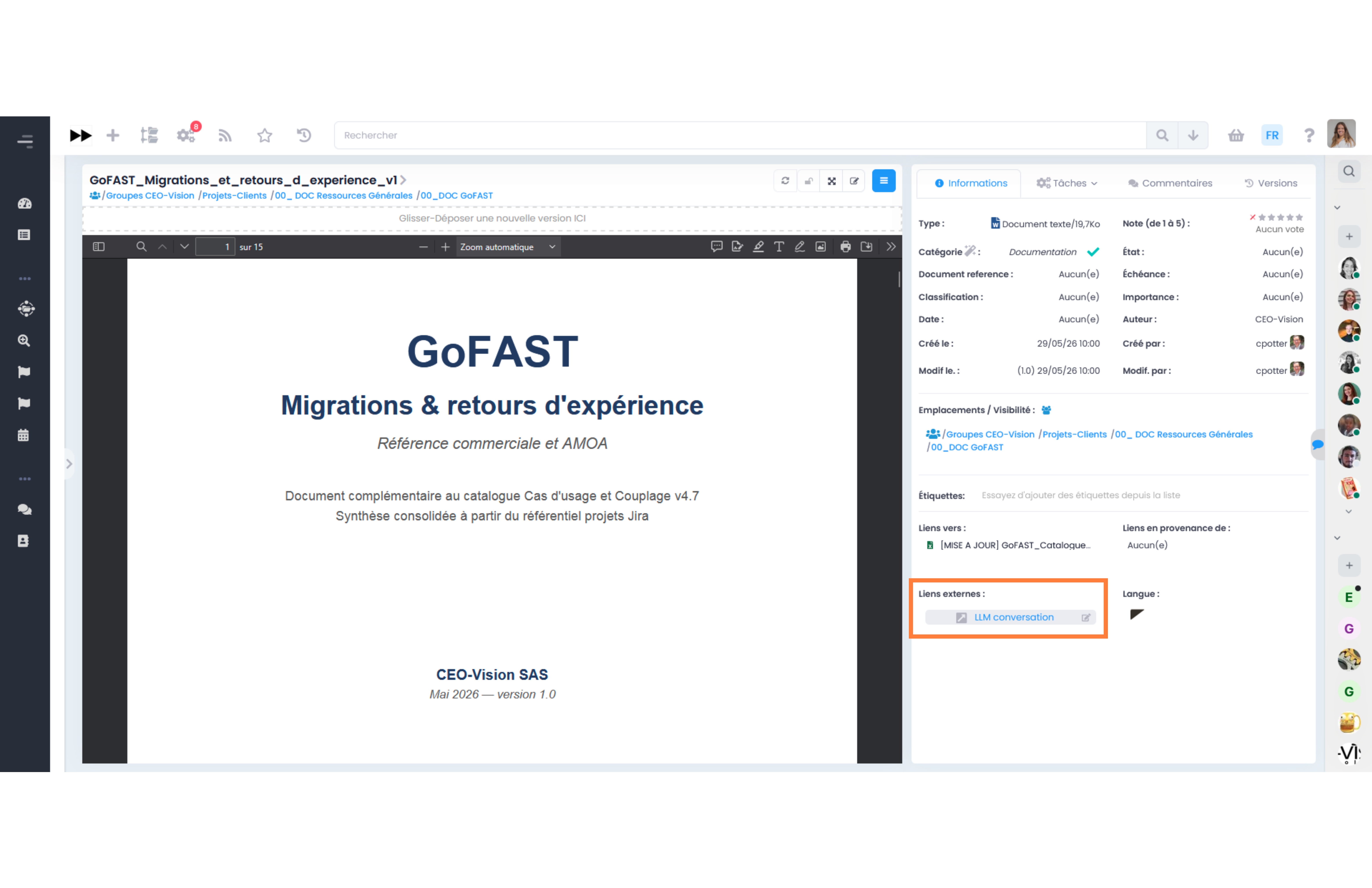 External link to the LLM conversation in GoFAST metadata