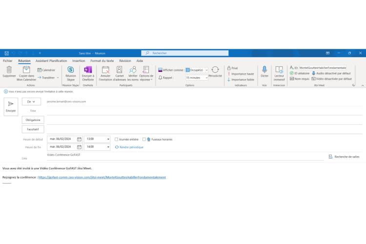 Couplage Outlook - Plugin Jitsi Meet - vue e-mail