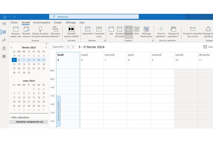 Couplage Outlook - Plugin Jitsi Meet - vue agenda 